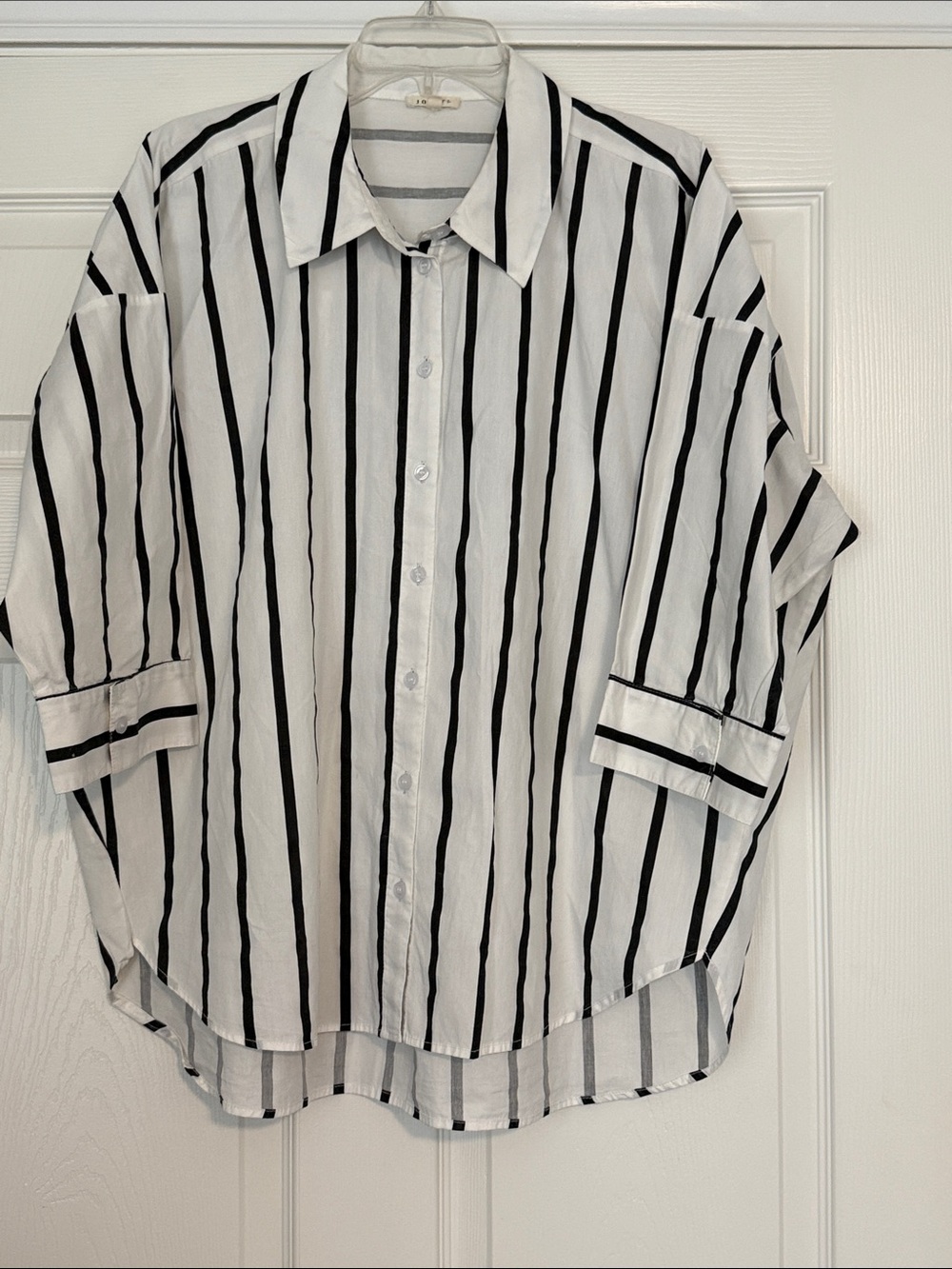 Women’s White Shirt with Black Vertical Stripes - Casual Button-Down